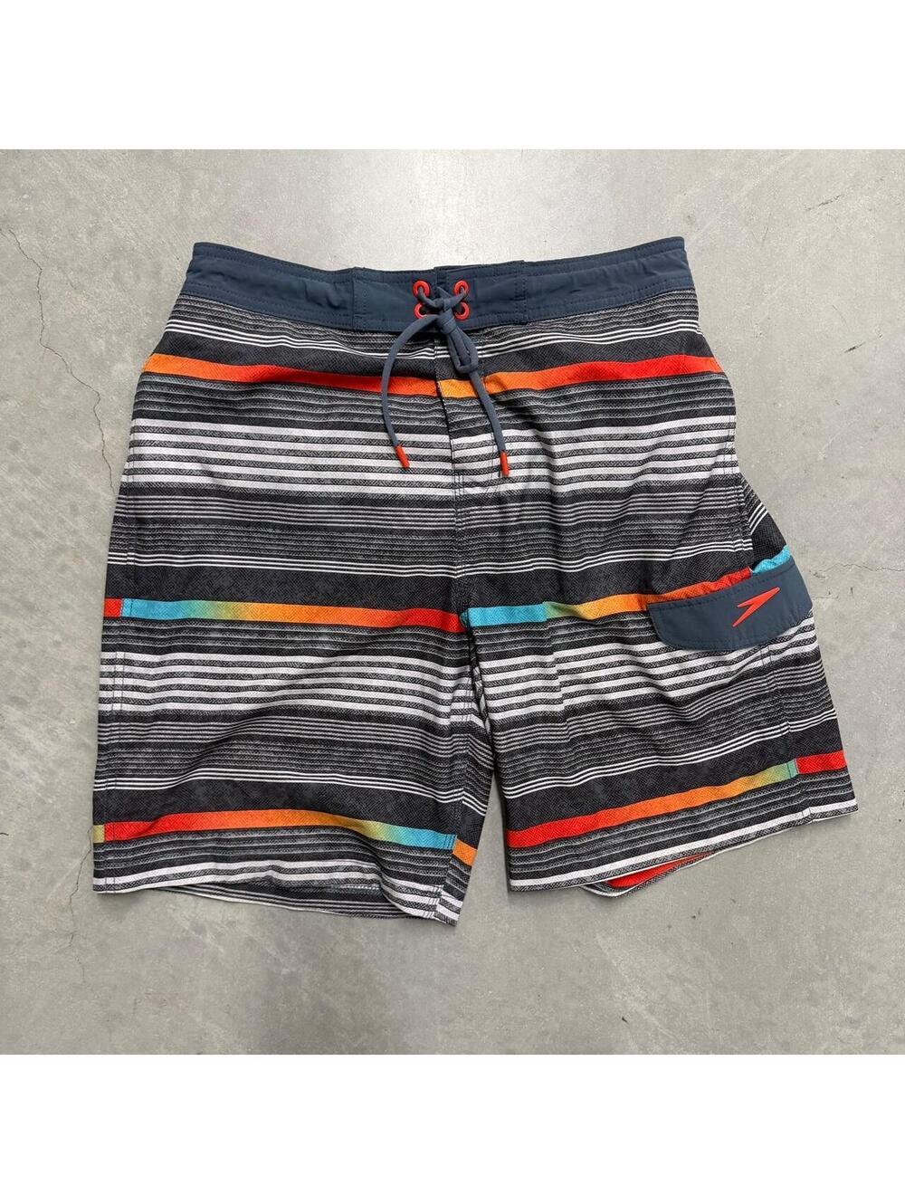 Y2K Speedo Men’s Medium Board Shorts Black Striped Multicolor Swim Trunks